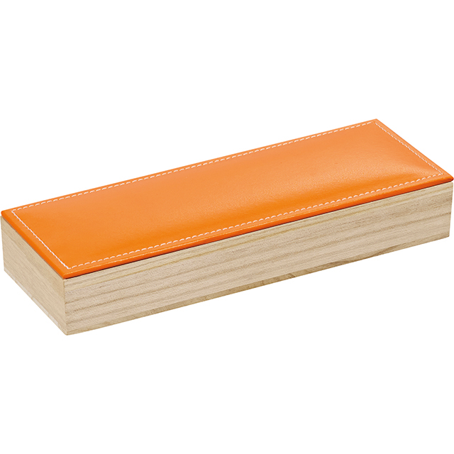 Coffret bois rectangle chocolats 2 rangées couvercle simili cuir orange