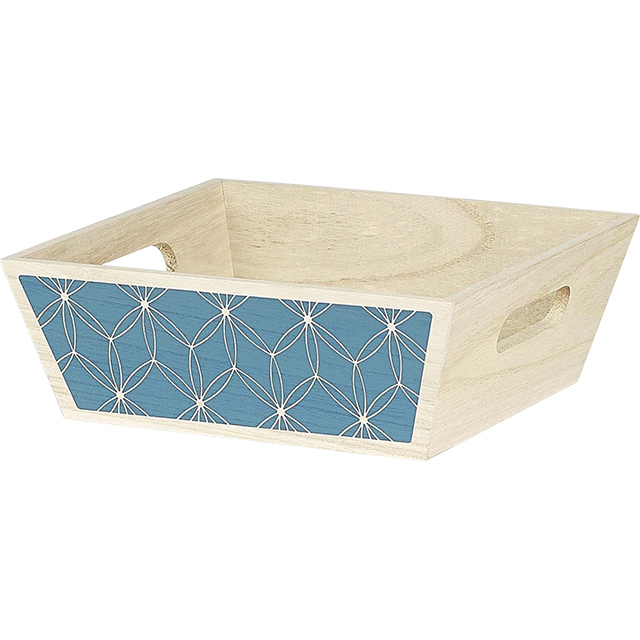 Tray wood square blue geometrical circles handles 