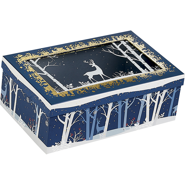 Box cardboard rectangular blue/white/gold hot foil stamping PET window Forest/Reindeer