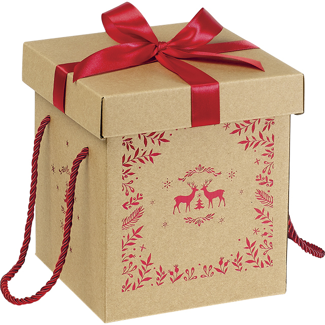 Coffret carton kraft carré décor renne rouge nœud satin/cordelettes coloris rouge 