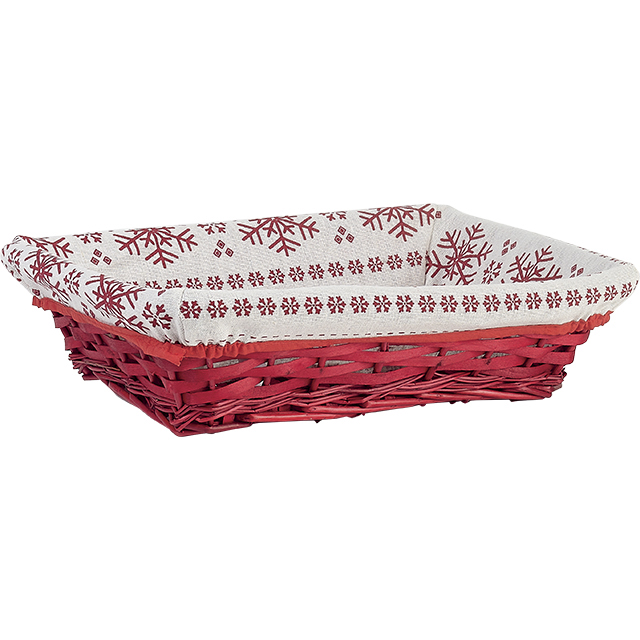 Corbeille osier/bois ovale rouge tissu blanc/motif flocon rouge 