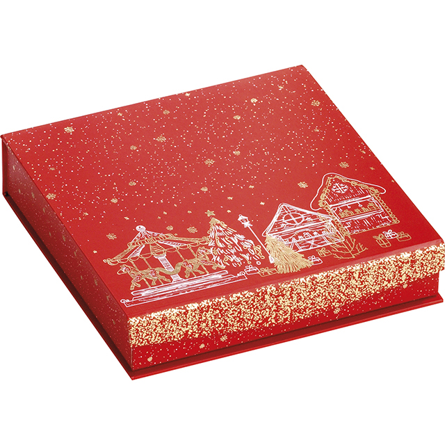 Coffret carton carré chocolats 4 rangées rouge/dorure à chaud fermeture aimantée Bonnes Fêtes