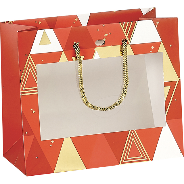 Sac papier décor Triangles rouge/blanc/dorure or fenêtre PVC/ poignées corde or œillet 