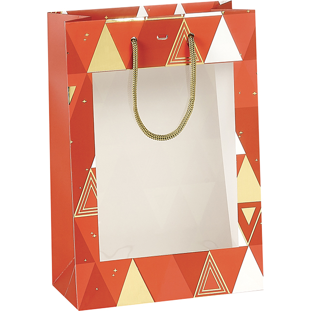 Sac papier décor Triangles rouge/blanc/dorure or fenêtre PVC/ poignées corde or œillet 