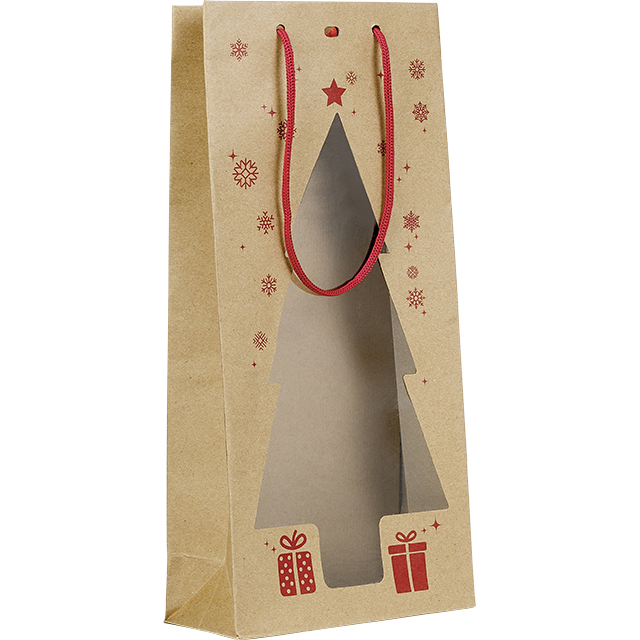 Bag Paper kraft 2 bottles PVC window red Christmas tree shape red cord handles eyelet 