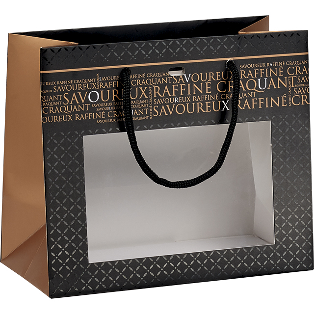 Bag paper SAVOUREUX black/copper PET window handles rope eyelet