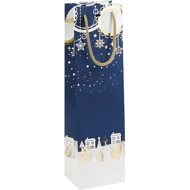 Sac papier 1 bouteille Joyeuses fêtes bleu/blanc/or poignées corde/œillet 