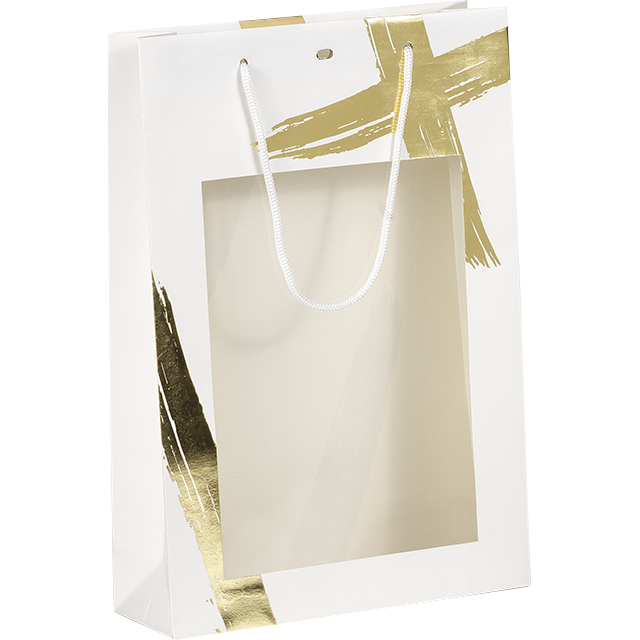 Bag paper 3 bottles SIGNATURE white/gold hot foil stamping PET window cord handles white eyelet divider