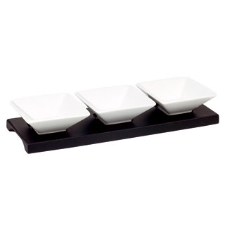 Set of 3 square porcelain dishes wood board/white and black