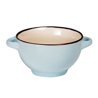 Bowl ceramic blue/beige brown edge 2 handles