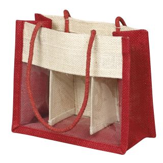 Bag Hessian window removable dividers red/cream