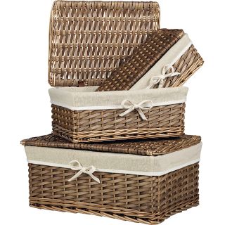 Box rectangular wicker/wood brown cream fabric lining 