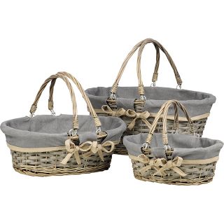 Basket wicker/wood oval grey cream fabric lining foldable handles