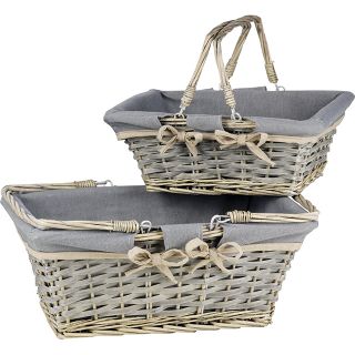 Basket wicker/wood rectangular grey beige fabric lining foldable handles