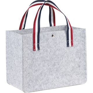 Bag felt rectangular light grey 2 handles blue/white/red handles popper button 