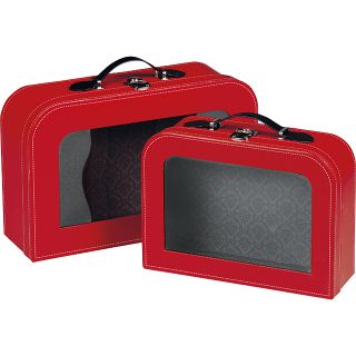 Suitcase cardboard rectangular red/PET window/faux leather/metal buckle 