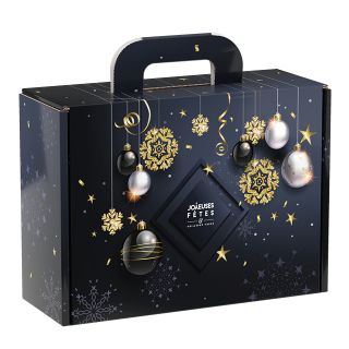 Suitcase cardboard rectangular  JOYEUSES FETES Christmas bauble/Black/Gold/Silver 