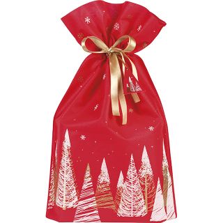 Bag non-woven polypropylene red/white/gold Christmas tree gold satin ribbon/gifttag