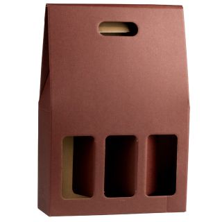 Wine carrier cardboard kraft/burgundy 3 bottles handle delivered flat