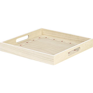 Tray square wood nature red/white white border handles