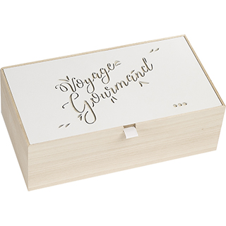 Box wood rectangular VOYAGE GOURMAND nature/white laser cut  