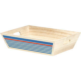 Tray wood rectangular natural/blue/red handles