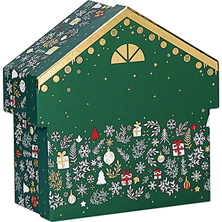 Box cardboard chalet shape MERRY CHRISTMAS green/white/red/gold hot foil stamping 