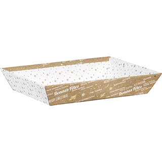Corbeille carton rectangle BONNES FETES kraft/blanc/dorure  chaud or  
