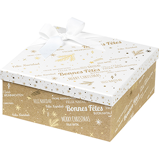 Box cardboard square MERRY CHRISTMAS kraft/white/gold hot foil stamping 