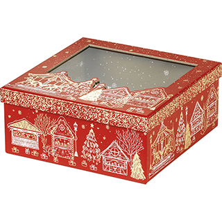 Box cardboard square MERRY CHRISTMAS red/gold hot foil stamping PET window 