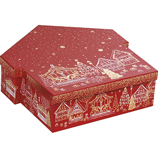 Box cardboard chalets shape MERRY CHRISTMAS red/gold hot foil stamping 