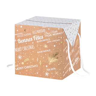 Box cardboard square MERRY CHRISTMAS kraft/white/gold hot foil stamping white cord side closure delivered flat