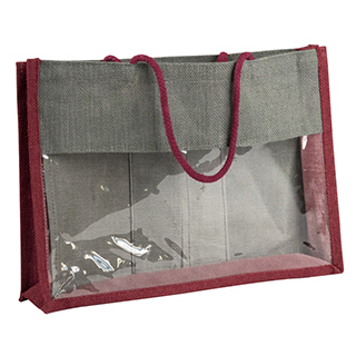 Bag hessian burgundy/grey PET window cord handles 2 removable dividers