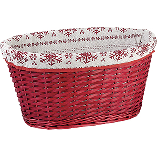 Basket wicker/wood oval brown white fabric/red Snowflakes 