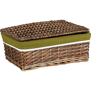 Box wicker/wood rectangular brown green fabric/white edge 