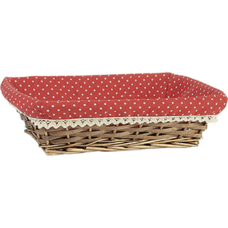 Tray wicker/wood rectangular brown red fabric/white dots crocheted white edgeB1101