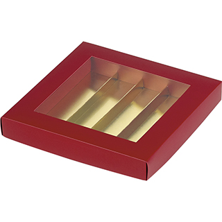 Box cardboard rectangular chocolate 4 rows red/gold inside PET window
