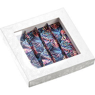 Box cardboard rectangular chocolates 4 rows white/UV printing/tropical PET window