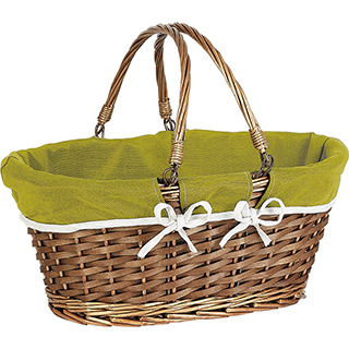 Basket wicker/wood oval brown green fabric/white edge foldable handles