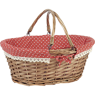 Basket wicker/wood oval brown red fabric/white dots crocheted white edge foldable handles 