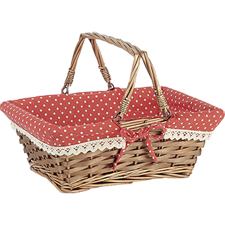 Basket wicker/wood rectangular brown red fabric/white dots crocheted white edge foldable handles 