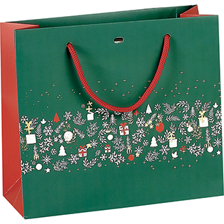 Bag paper MERRY CHRISTMAS green/red/gold red cord handles eyelet