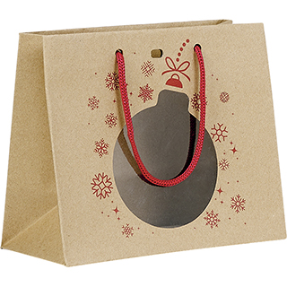 Bag paper kraft red Christmas ball shape PET window red cord handles eyelet 