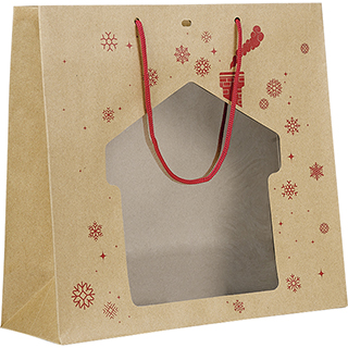 Bag paper kraft red Christmas chalet shape PET window red cord handles eyelet 
