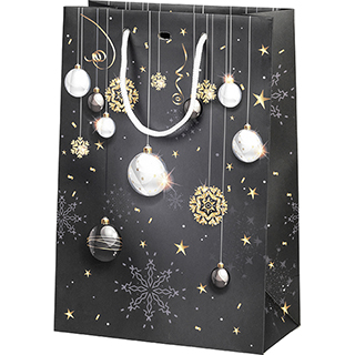 Bag paper Bonnes ftes black/gold/Christmas ball white cord handles eyelet