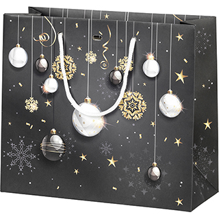 Bag paper Bonnes ftes black/gold/Christmas ball white cord handles eyelet