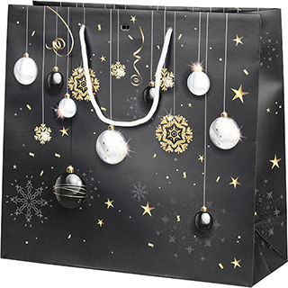 Bag paper MERRY CHRISTMAS black/gold/Christmas ball white cord handles eyelet