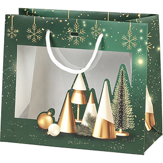 Bag paper MERRY CHRISTMAS green/gold/Christmas tree PET window white cord handles eyelet