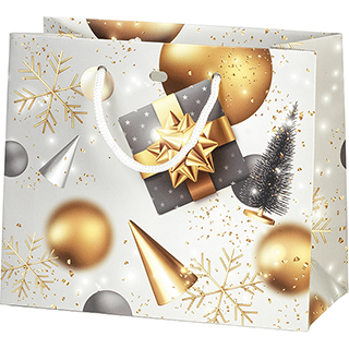 Bag paper MERRY CHRISTMAS grey/gold white cord handles eyelet