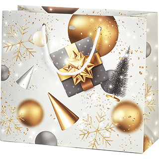Bag paper MERRY CHRISTMAS grey/gold white cord handles eyelet
